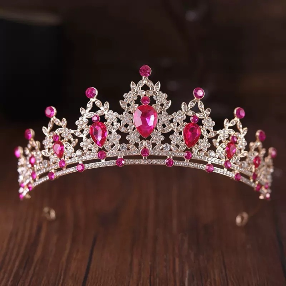 Vintage Gold Tiara with Pink Teardrop & Round Gems - Picture 1 of 1